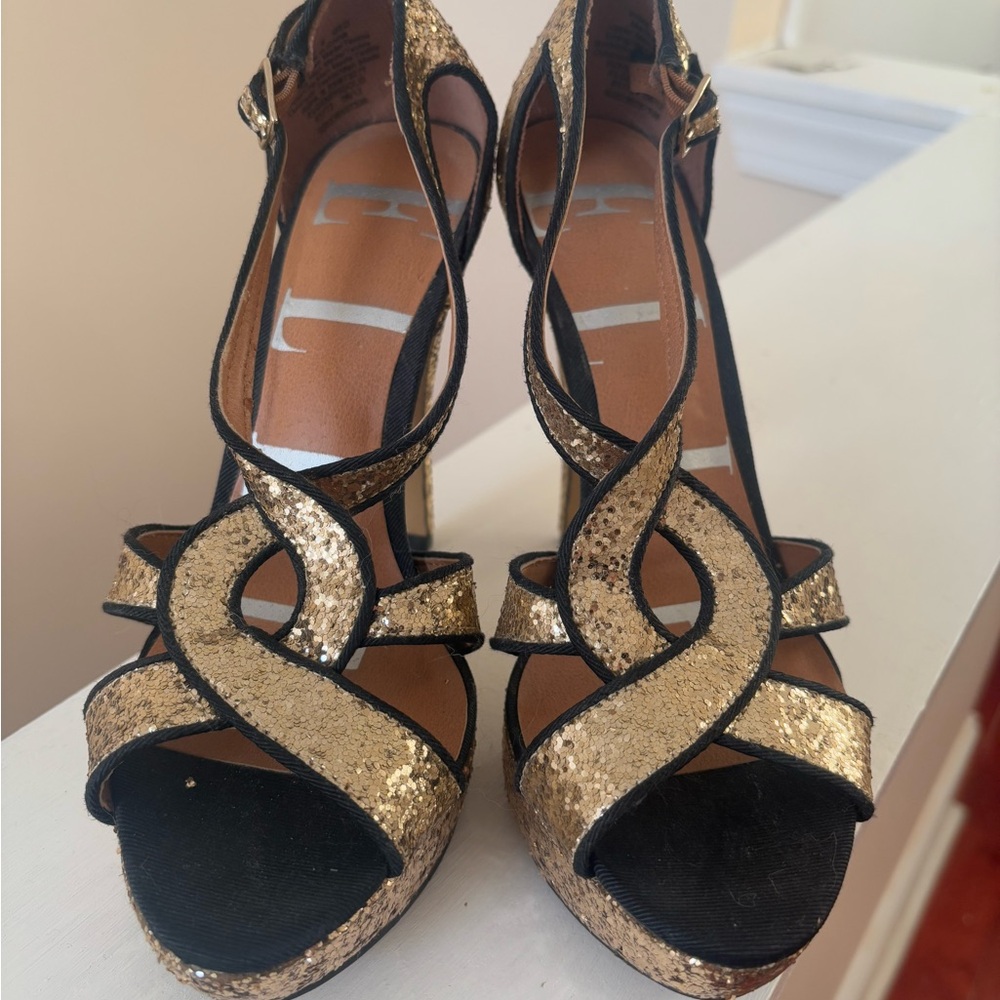 Elle Gold and Black High Heeled Sandals
